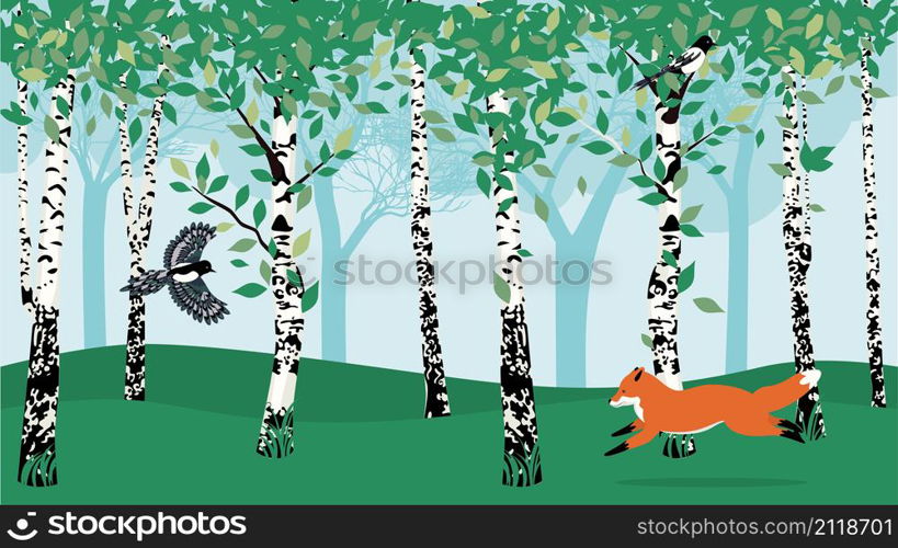 Forest landscape with birch trees with green leaves and cartoon animals illustration.