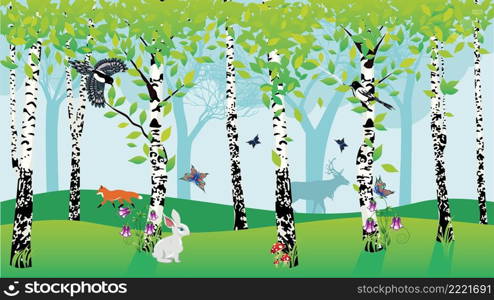 Forest landscape with birch trees with green leaves and cartoon animals illustration.