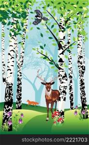 Forest landscape with birch trees with green leaves and cartoon animals illustration.