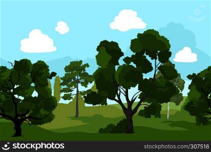 Forest landscape with different green trees and grass. Vector background illustration in cartoon style. Green forest nature with tree and grass. Forest landscape with different green trees and grass. Vector background illustration in cartoon style