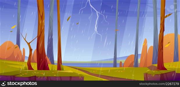 Forest landscape with thunderstorm. Autumn scene with lake, path and trees with orange leaves in rain. Vector cartoon illustration of fall woods, lake and lightning in sky. Forest landscape with thunderstorm