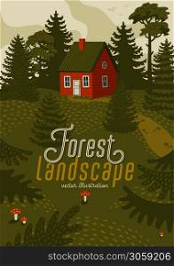 Forest landscape. Woods landscape with Red cabin. Vector illustration in flat cartoon style. Forest landscape. Woods landscape with Red cabin.