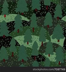 Forest lanscape seamless pattern. Doodle pine tree background. Naive art style. Design for fabric, textile print, wrapping paper, children textile. Vector illustration. Forest lanscape seamless pattern. Doodle pine tree background.