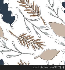 Forest leaves seamless pattern on white background. Abstract leaves endless wallpaper. Trendy fabric design, wrapping paper. Vector illustration. Forest leaves seamless pattern on white background.