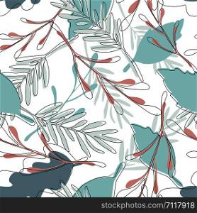 Forest leaves seamless pattern on white background. Modern abstract leaves endless wallpaper. Botanical background. Trendy fabric design, wrapping paper. Vector illustration. Forest leaves seamless pattern on white background. Modern abstract leaves endless wallpaper.