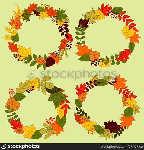 Forest leaves wreaths and frames with autumn fall leaves and bush twigs, adorned by red and orange seed bunches. Autumn forest leaves wreaths and frames