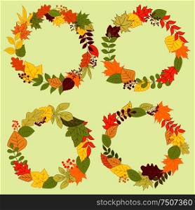 Forest leaves wreaths and frames with autumn fall leaves and bush twigs, adorned by red and orange seed bunches. Autumn forest leaves wreaths and frames