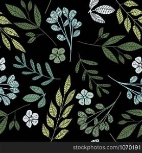 Forest little flowers and leaves seamless pattern. Hand drawn floral endless wallpaper. Botanical background. Fabric design, wrapping paper. Vector illustration. Forest little flowers and leaves seamless pattern. Hand drawn floral endless wallpaper.