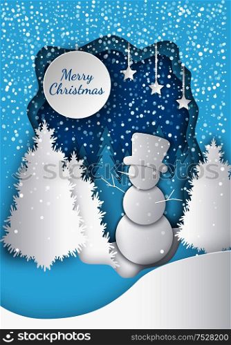 Forest Merry Christmas paper cut. Fir-trees and snowman with big hat, stars and snowflakes, drift and scurry. Frost in night time. Gift on holiday vector. Forest Merry Christmas. Tree and Snowman Vector