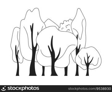 Forest monochrome flat vector object. Environment. Woodland with trees. Editable black and white thin line icon. Simple cartoon clip art spot illustration for web graphic design. Forest monochrome flat vector object