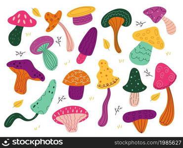 Forest mushrooms. Cute autumn mushroom collection with natural ornaments, bright colorful funny funguses, fantastic vegetable objects, edible and poisonous harvest, vector cartoon flat isolated set. Forest mushrooms. Cute autumn mushroom with natural ornaments, bright colorful funny funguses, fantastic vegetable objects, edible and poisonous harvest, vector cartoon flat isolated set