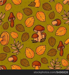 Forest mushrooms. Seamless autumn pattern. Edible fungus on green background with colorful autumn leaves. Vector illustration 