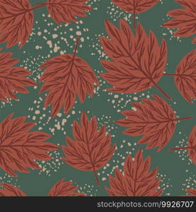 Forest nature seamless pattern with random ornament maroon leaves. Dark background with splashes. Decorative backdrop for fabric design, textile print, wrapping, cover. Vector illustration.. Forest nature seamless pattern with random ornament maroon leaves. Dark background with splashes.