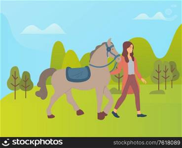 Forest nature vector, woman spending weekends with animals and natural park. Horse and female character touching mammal, mane or stallion flat style. Girl walking with brown horse. Woman and Horse on Nature, Park or Farm Forest