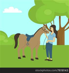 Forest nature vector, woman spending weekends with animals and natural park. Horse and female character touching mammal, mane or stallion flat style. Girl walking with brown horse. Woman and Horse on Nature, Park or Farm Forest