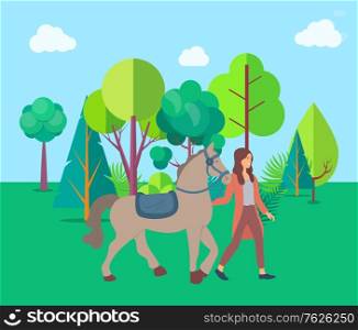 Forest nature vector, woman spending weekends with animals and natural park. Horse and female character touching mammal, mane or stallion flat style. Girl walking with brown horse. Flat cartoon. Woman and Horse on Nature, Park or Farm Forest