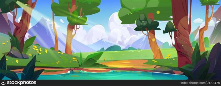 Forest nature with lake and mountain vector background scene. Tree near pond water and grass hill summer valley landscape illustration. Calm alps meadow panoramic travel environment backdrop design. Forest nature with lake and mountain vector scene