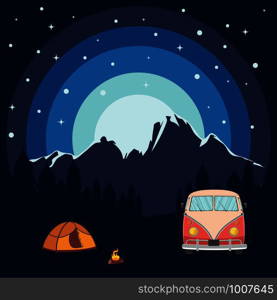 Forest near big mountain over night sky, summer camping themed illustration.