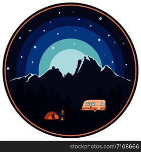 Forest near big mountain over night sky, summer camping themed illustration.