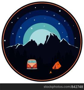 Forest near big mountain over night sky, summer camping themed illustration.