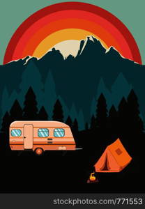 Forest near big mountain over sunset sky, summer camping themed illustration.