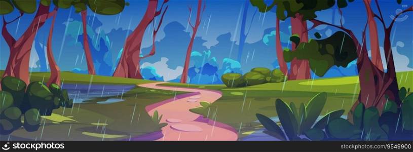 Forest oath and rain nature game cartoon vector landscape. Summer valley with falling raindrop and splash in puddle water on green grass wild travel environment. Illustrated weather graphic backdrop. Forest oath and rain nature game cartoon vector