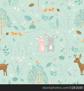 Forest on springtime with cute animals seamless pattern,for decorative,kid product,fashion,fabric,wallpaper and all print