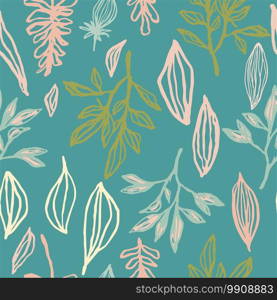 Forest outline leaves and branches silhouettes seamless pattern. Turquoise background. Floral backdrop. Designed for wallpaper, textile, wrapping paper, fabric print. Vector illustration.. Forest outline leaves and branches silhouettes seamless pattern. Turquoise background. Floral backdrop.