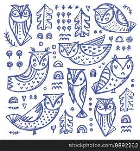 FOREST OWL COLLECTION Hand Drawn Vector Illustration Set