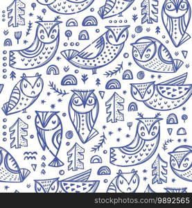 FOREST OWL Hand Drawn Seamless Pattern Vector Illustration