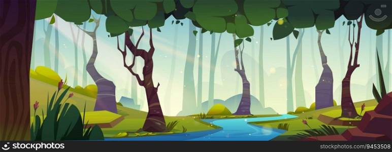 Forest park panorama garden with river landscape. Lush tree nature cartoon environment location for beautiful fairytale game with stone, grass, sparkle and water scenery. Sunny peaceful wallpaper. Forest park panorama garden with river landscape