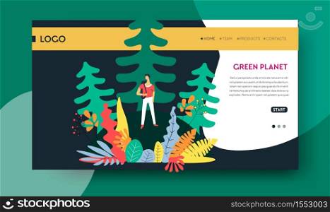 Forest plantation green planet web page template vector fir and spruces man with backpack ecology and environment saving and protection clean air wild nature safety deforestation prevention site. Green planet web page template forest plantation