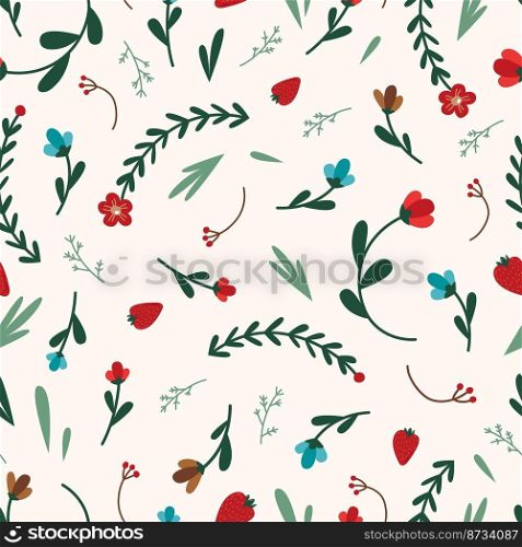 Forest plants seamless pattern. Flowers, branch and strawberry. Abstract autumn stylish fabric design print. Decorative floral doodle vector background. Illustration of pattern seamless. Forest plants seamless pattern. Flowers, branch and strawberry. Abstract autumn stylish fabric design print. Decorative floral doodle vector background