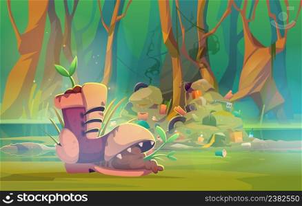 Forest pollution with pile of trash and waste. Vector cartoon illustration of dirty swamp landscape with stench garbage dump and old boot with green grass sprout. Forest pollution with pile of trash and waste