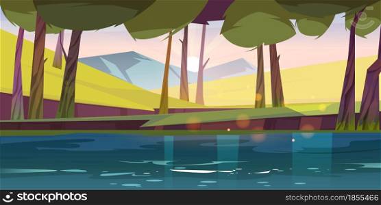 Forest pond nature landscape, calm lake or river flow under green trees and rocks at early pink morning. Wild beautiful scenery view, summer wood at sunrise cartoon background, Vector illustration. Forest pond nature landscape, calm lake or river