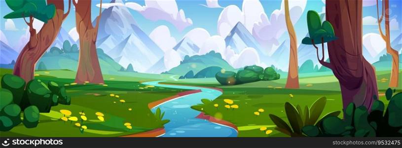 Forest river near mountain nature landscape cartoon vector. Tree and stream in beautiful summer park with flower garden on sunny day. Illustrated woods environment with sunlight and green grass. Forest river near mountain nature landscape vector