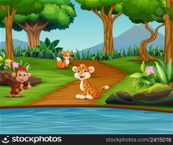 Forest scene with different animal