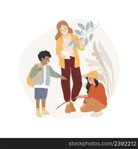 Forest school isolated cartoon vector illustration Forest fieldtrip, nature exploration, adult explains season change to children, environment education, group waking outdoors vector cartoon.. Forest school isolated cartoon vector illustration