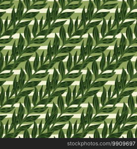 Forest seamless pattern with diagonal foliage ornament. Light stripped background. Botanic artwork in green tones. Decorative print for wallpaper, textile, wrapping, fabric print. Vector illustration. Forest seamless pattern with diagonal foliage ornament. Light stripped background. Botanic artwork in green tones.