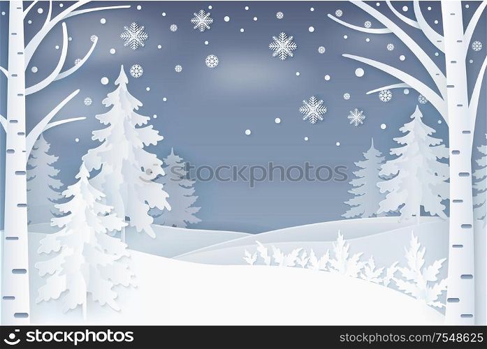 Forest, snowflakes and hills at night vector. Winter nature, falling snow and decorated fir-trees with birches on snowy landscape, Christmas noel card, paper art and craft style. Forest with Snowflakes and Hills at Night Vector
