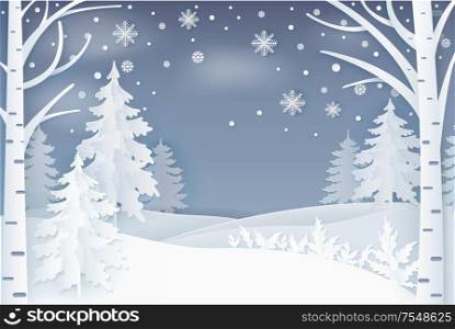 Forest, snowflakes and hills at night vector. Winter nature, falling snow and decorated fir-trees with birches on snowy landscape, Christmas noel card, paper art and craft style. Forest with Snowflakes and Hills at Night Vector
