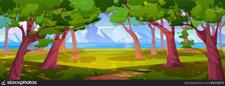 Forest summer valley scene with lake, mountain. Nature panorama, spring landscape with river, meadows with green grass, hills and rocks on horizon, vector cartoon illustration. Forest summer valley scene with lake, mountain