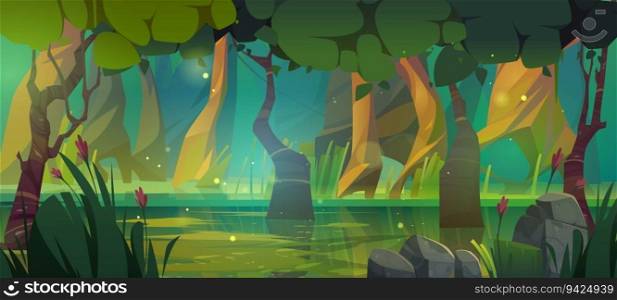 Forest sw&cartoon vector game landscape scene. Fantasy lake with waste water and marsh scenery. Dirty toxic environment in park 2d wild location wallpaper. Summer adventure fairytale world. Forest sw&cartoon vector game landscape scene