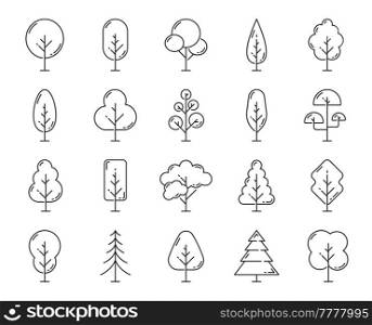 Forest tree and plant outline icons. Isolated garden and park trees thin line pictogram set, ecology and environment plants vector symbols, nature flora and botany minimal signs, trees thin line icons. Forest tree, park plants thin line icons set