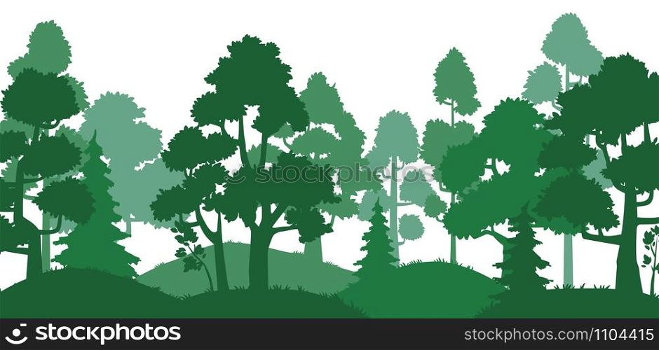 Forest trees silhouette. Nature landscape, green park alley and tree silhouettes. Wood pines, forests land evergreen herb trees or hills oak travel card vector illustration. Forest trees silhouette. Nature landscape, green park alley and tree silhouettes vector illustration