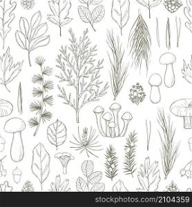 Forest vector seamless pattern with leaves, conifer branches, cones and mushrooms. Sketch illustration.. Forest vector seamless pattern with leaves