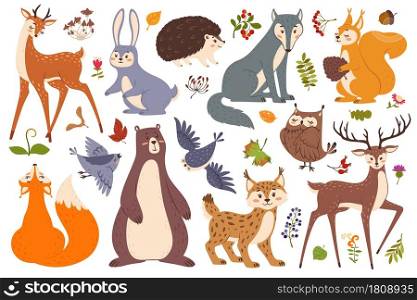 Forest wildlife animals and birds, cute woodland animal. Deer, fox, bear, squirrel, hedgehog, wolf, rabbit. Forest leaves, berries vector set. Plants and funny characters, flora and fauna. Forest wildlife animals and birds, cute woodland animal. Deer, fox, bear, squirrel, hedgehog, wolf, rabbit. Forest leaves, berries vector set