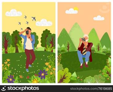 Forest with trees and tourist making shoots on photo camera. Vector man photographer in trousers and shirt, bag on shoulder and natural landscape, rest outdoors. Forest, Trees and Tourist Making Shoots on Camera
