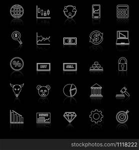 Forex line icons with reflect on black background, stock vector