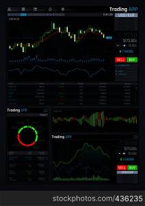 Forex market app vector interface with business financial market charts and global economics data graphs. Illustration of statistic and analysis monitor, investment in economic trade. Forex market app vector interface with business financial market charts and global economics data graphs